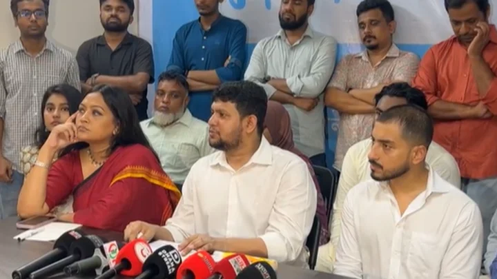সংবাদ সম্মেলনে ৯ দফা দাবি তুলে ধরেন মাহফুজ আলম। ছবি: সংগৃহীত