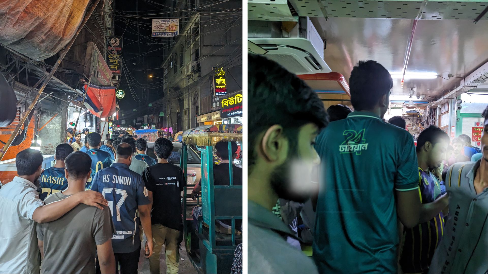 পুরান ঢাকার নাজিরাবাজারের গলি (বাঁয়ে) ও রেঁস্তোরায় (ডানে) মধ্যরাতে ঢাকা বিশ্ববিদ্যালয়ের শিক্ষার্থীদের ভিড়। গত শুক্রবার দিবাগত রাত দেড়টার দিকে। স্ট্রিম ছবি