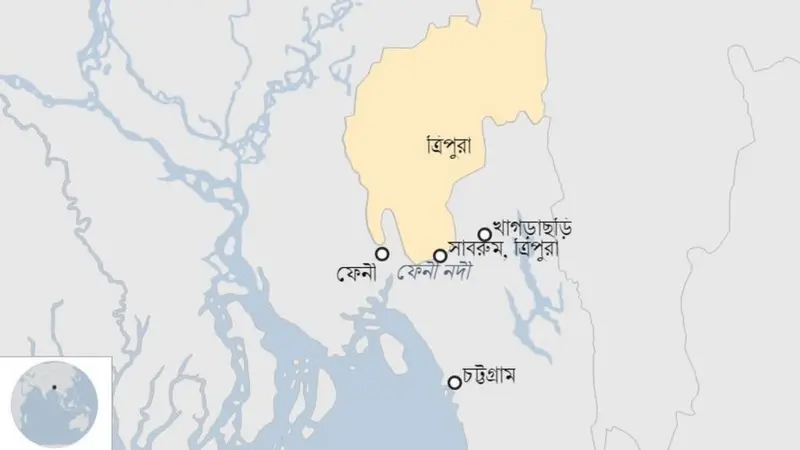 মানচিত্রে ফেনী ও ত্রিপুরা। ছবি: সংগৃহীত।