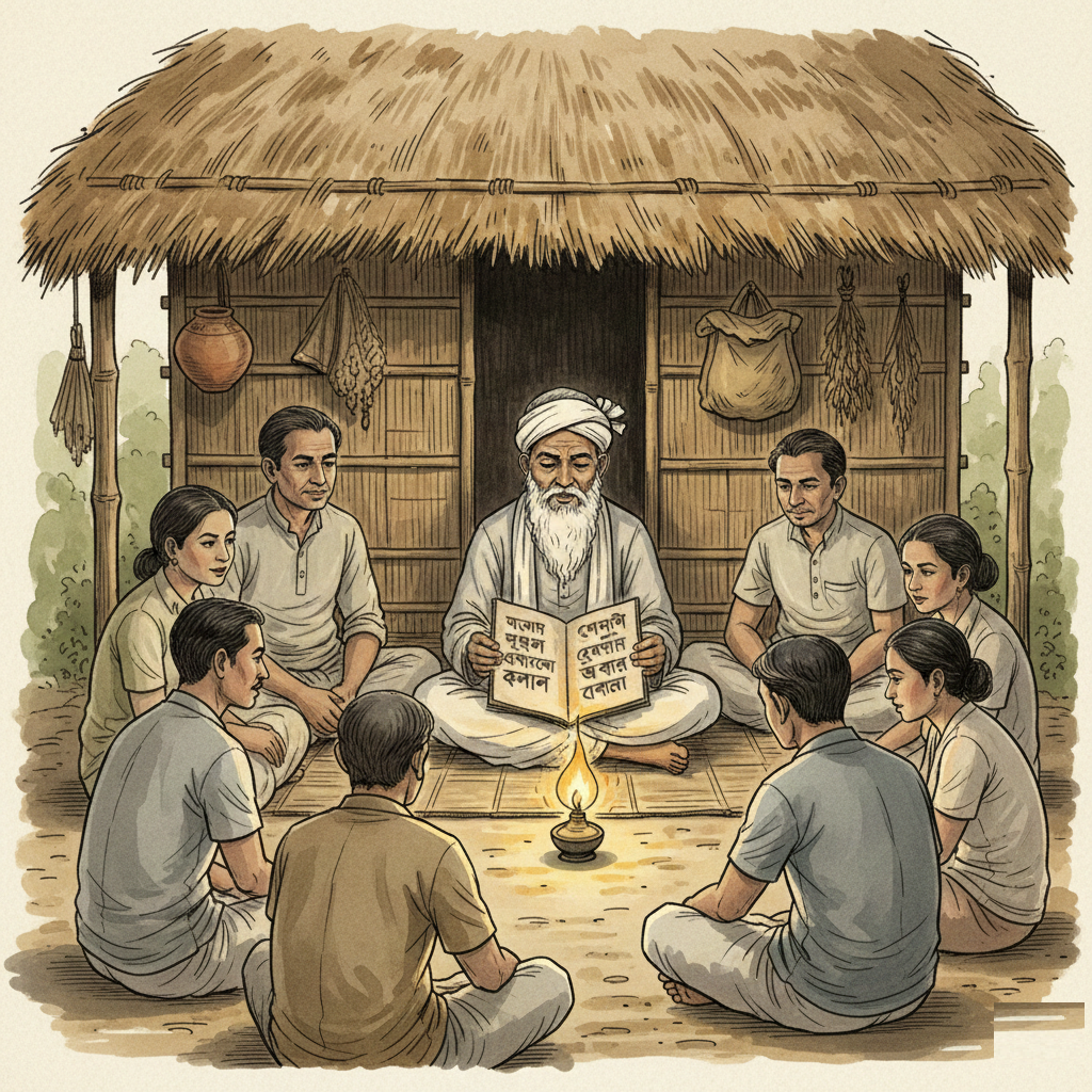 বাংলা ভাষা ও সাহিত্য মধ্যযুগের মঙ্গলকাব্য আর মুসলমানি পুঁথির মিলনে গড়া। ছবি: এআই জেনারেটেড