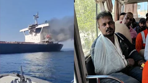 হরমুজ প্রণালিতে হামলার ঘটনায় ক্ষতিগ্রস্থ জাহাজ ও নিহত সুরজ যাদব। ছবি: সংগৃহীত