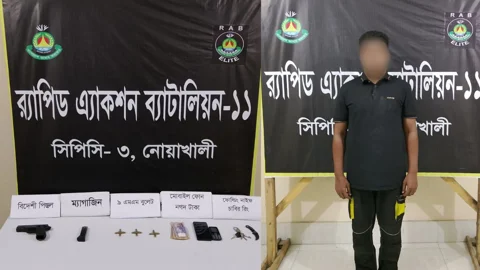 লক্ষ্মীপুরে জুলাই গণ-অভ্যুত্থানের সময় থানা থেকে লুট হওয়া অস্ত্র ও গুলিসহ গ্রেপ্তার নিশান। ছবি: সংগৃহীত