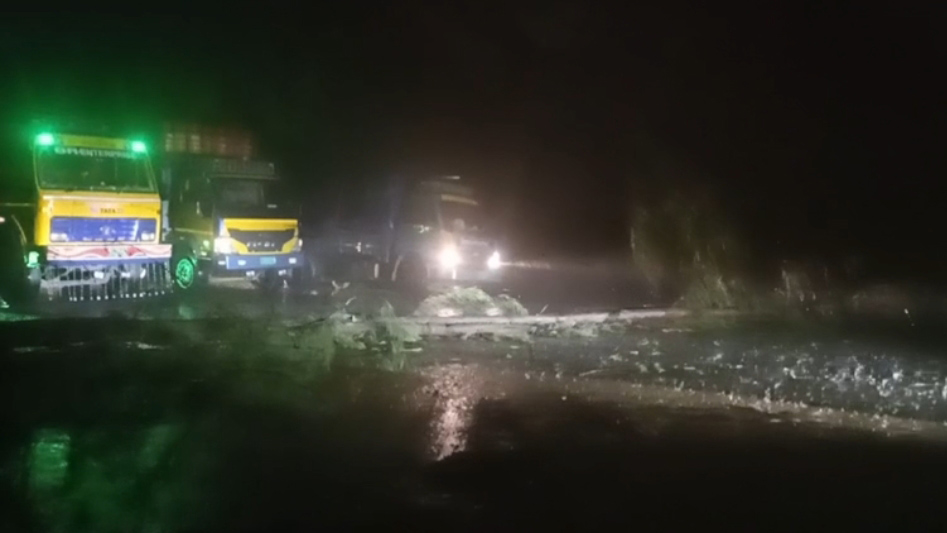 ঘূর্ণিঝড়ে রাতে গাছ উপড়ে সড়কে পড়লে ব্যাহত হয় যান চলাচল। স্ট্রিম ছবি