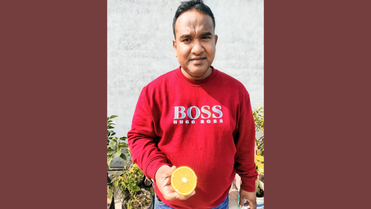 ছাদবাগানের ফল হাতে ব্যাংক কর্মকর্তা আহমুদুর রহমান সুজন। ছবি: লেখকের সৌজন্যে