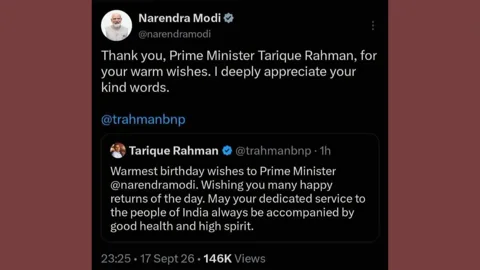 এক্সে বাংলাদেশের প্রধানমন্ত্রী তারেক রহমানকে ধন্যবাদ জানিয়ে তার পোস্ট শেয়ার করেন ভারতের প্রধানমন্ত্রী নরেন্দ্র মোদি। ছবি: এক্স থেকে নেওয়া