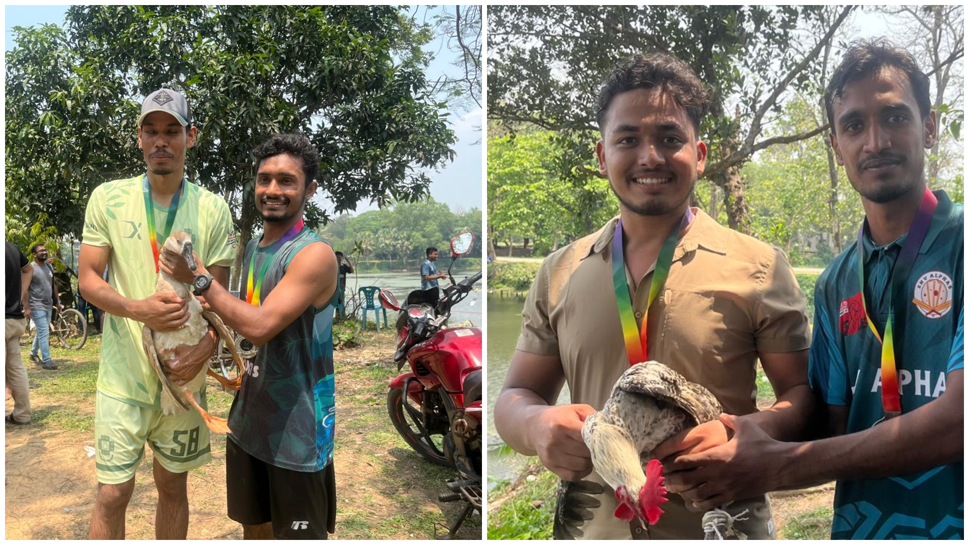 প্রথম স্থান অধিকারীদের রাজহাঁস ও দ্বিতীয় স্থান অধিকারীদের মুরগি পুরস্কার দেওয়া হয়েছে। স্ট্রিম ছবি