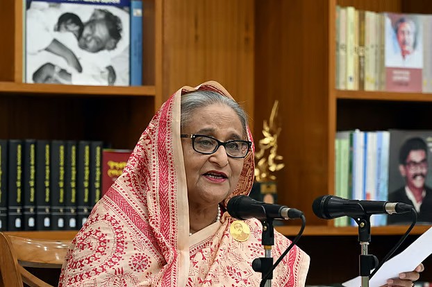 শেখ হাসিনার সংবাদ সম্মেলন। গণভবন, ১৪ জুলাই, ২০২৪। পিআইডির ছবি