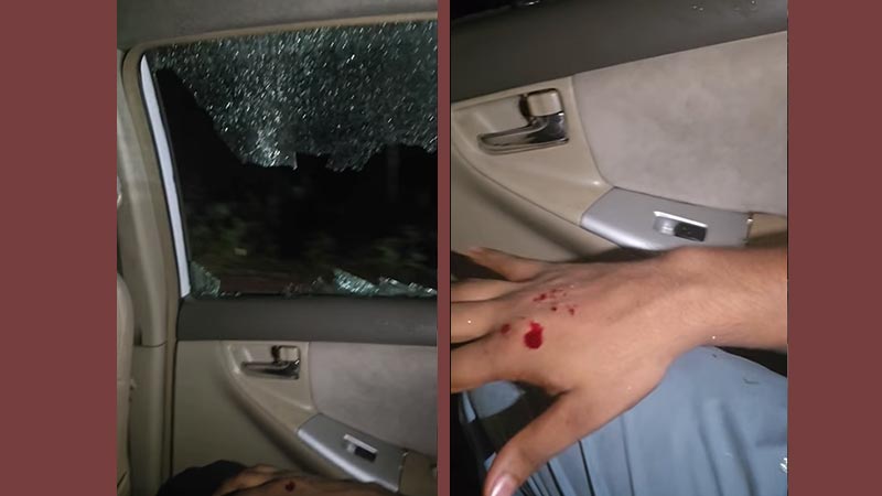 হামলার পর গাড়ির ভাঙা জানালা ও পাটওয়ারীর রক্তাক্ত হাত। ছবি: ভিডিও থেকে নেওয়া