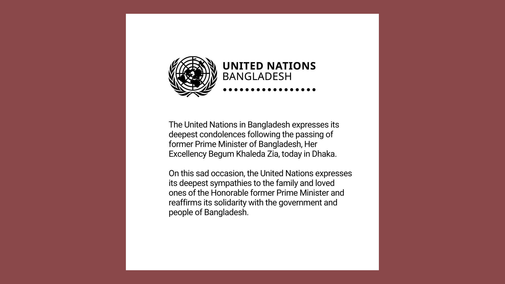 খালেদা জিয়ার মৃত্যুতে জাতিসংঘের শোক